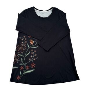 Nanu Sun Block Black Floral Embroidered Long Sleeve Tunic Top Shirt Women 1X